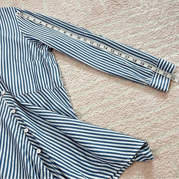 J Jill Blue White Striped Button Down Shirt Roll Tab Sleeves Size Medium Office - Picture 11 of 13